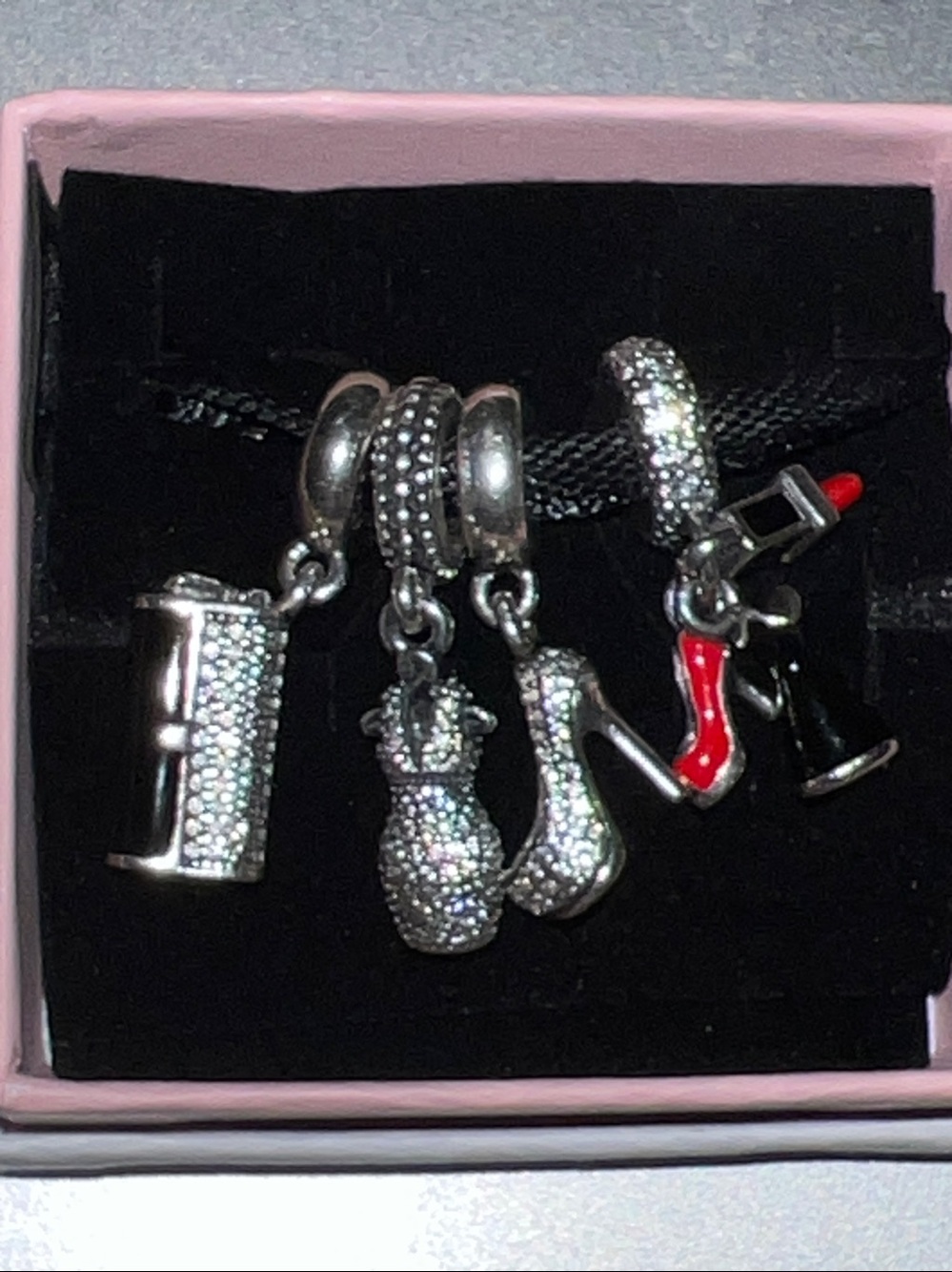 Set of 4 Pandora Charms-Trio Dangle-Sparkling Stiletto-Dazzling Dress-Clutch